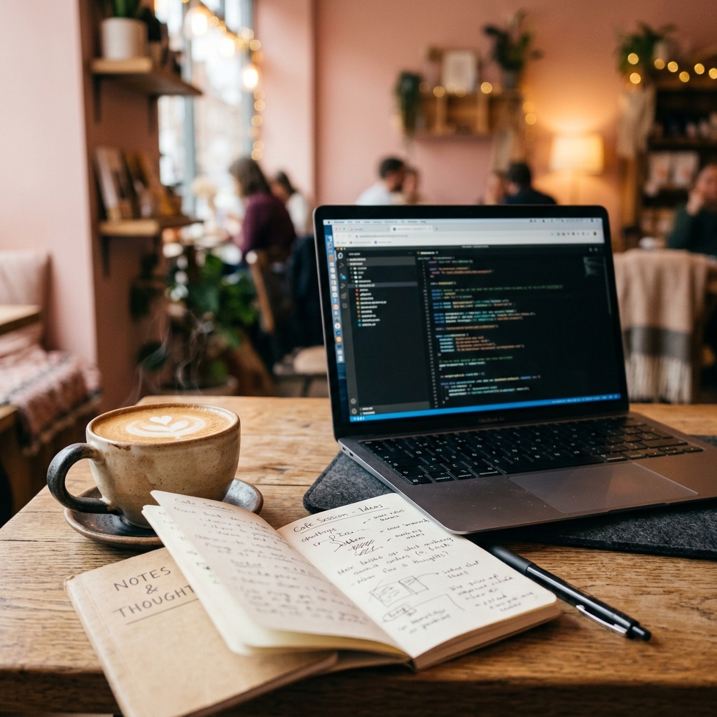Close-up of wooden cafe desk with coffee and laptop